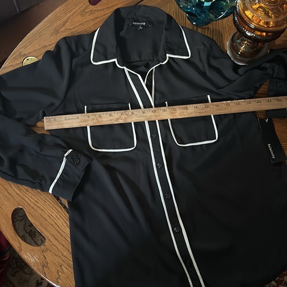 Sheer Black & White Blouse with Roll Tab Sleeves and Chest Pockets - Picture 8 of 14